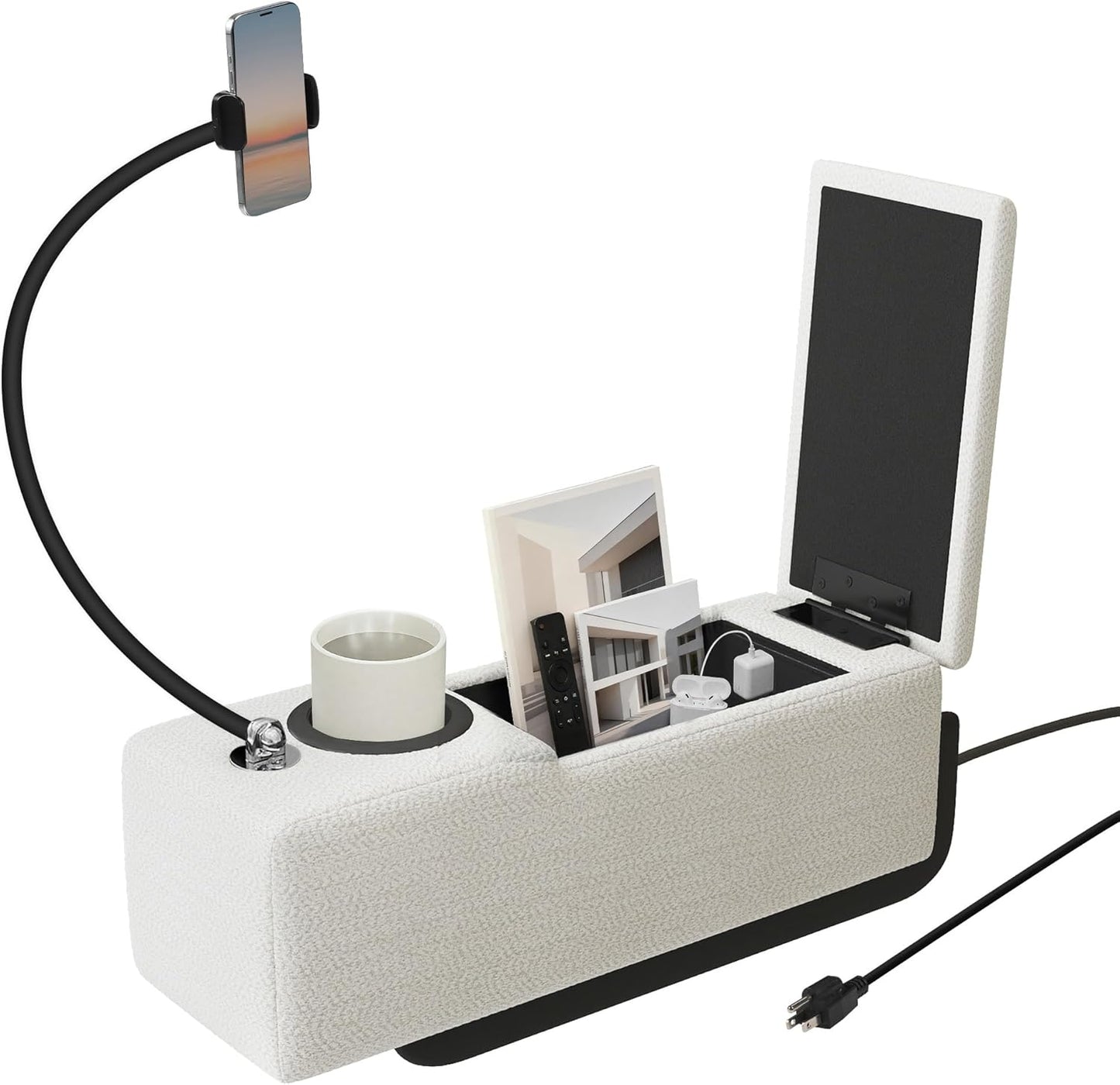 Couch Caddy with Cup Holder, 20.3 Inch White Armrest Console | Removable Sofa Armrest Organizer with Charging and Phone Holder, Storage for Remotes, Snacks and Everyday Essentials