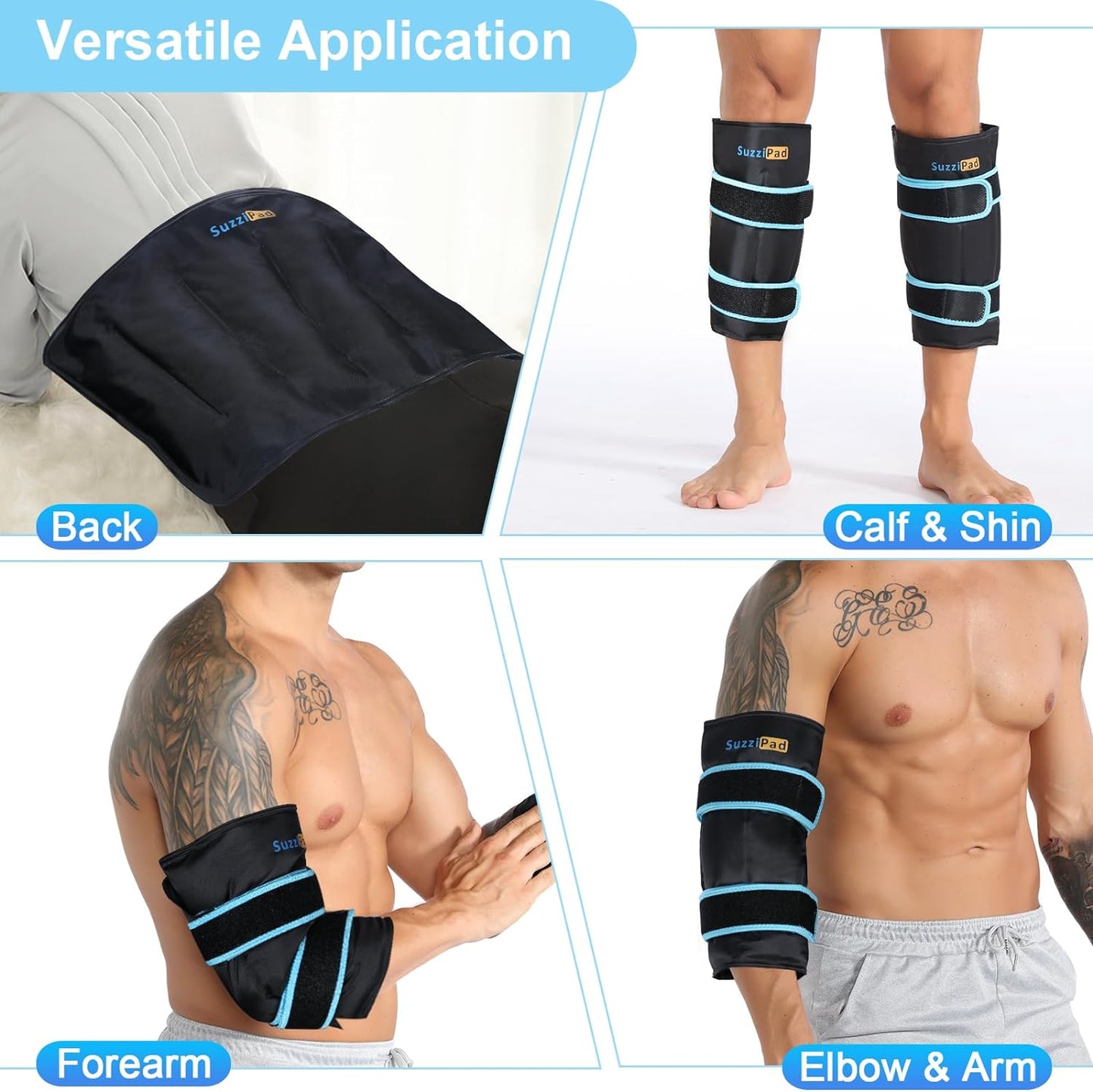 SuzziPad 360° Cold Pack for Calf, Shin, Arm & Elbow – Ice Wrap with Dual-Cover Design, Adjustable Velcro Straps, Leakproof & Reusable Cold Compress for Post-Workout Recovery (2 Packs), Black | Dual-Cover, Adjustable Straps, Leakproof Cold Compress for