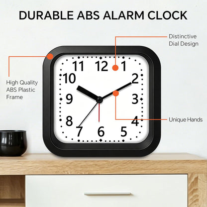 Loud Alarm Clock for Heavy Sleepers, 4.5" Simple Square Analog Alarm Clocks with Silent Movement Battery Operated Easy-to-Read Dial, Plastic Small Desk Clock for Bedroom Teens Seniors, Black