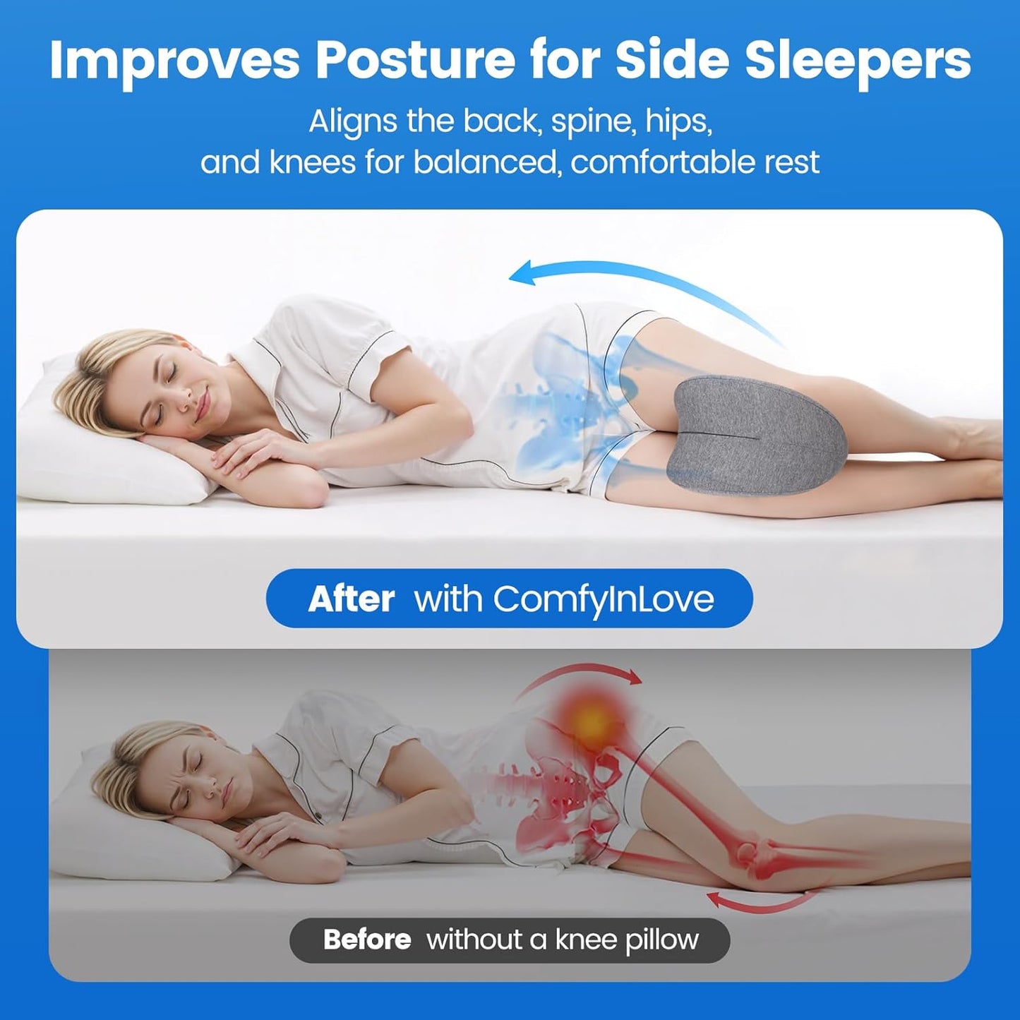 Knee Pillow for Side Sleepers, Memory Foam Leg Pillow, Grey | Heart-shaped design, high-density memory foam, raised edges, machine-washable cover, supports knee, hip and spinal alignment