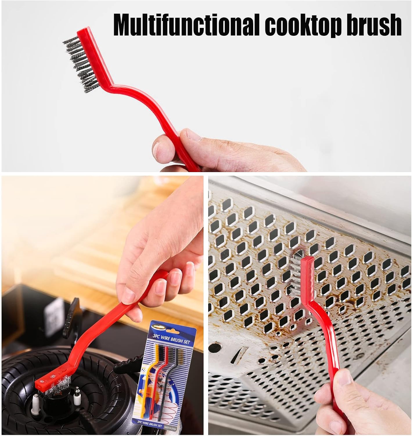 5Pcs Kitchen Stove Cleaning Brush + Scraper Tool Set, Brass, Stainless Steel and Nylon Brush Head Brushes for Range Hood Grease Grime, Heavy Duty Scraper for Gas Burners Cooktop Pot Pan