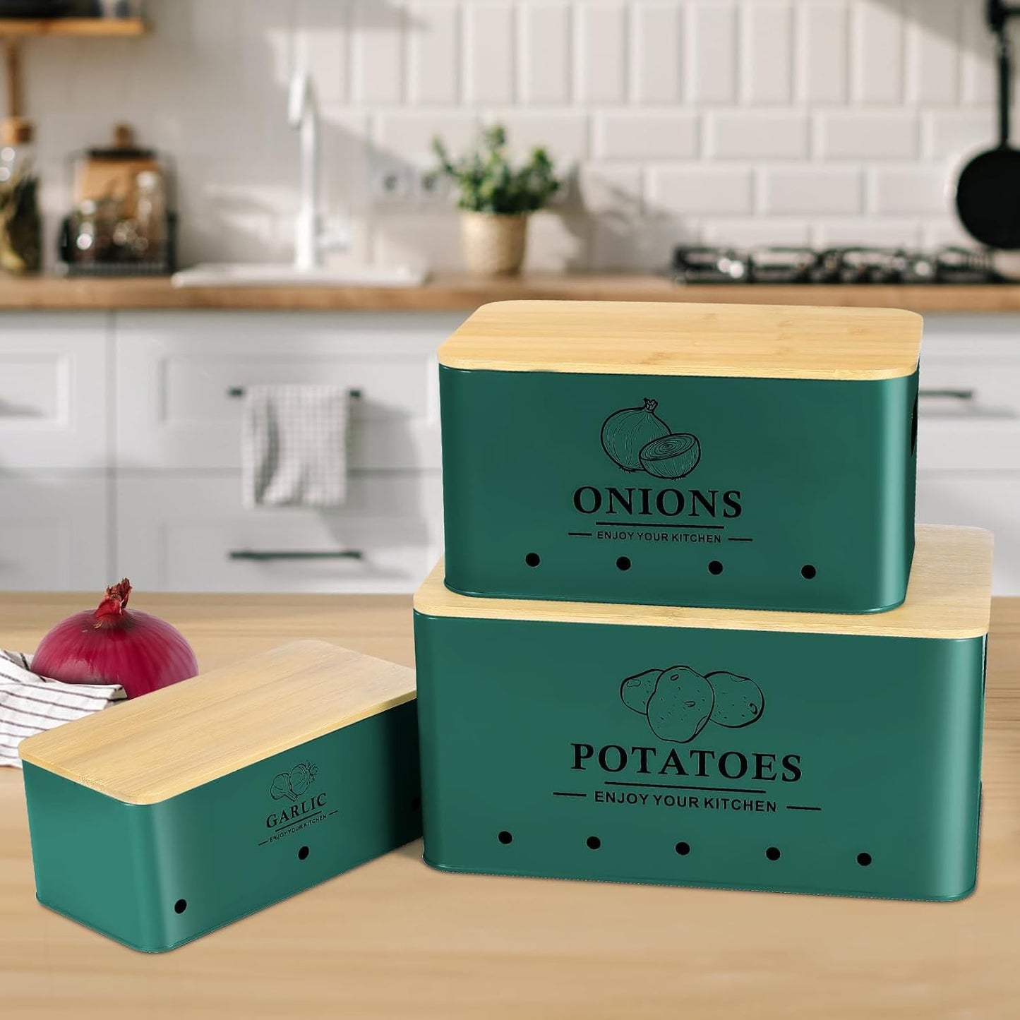 Kitchen Vegetable Storage Set of 3, Metal Onion Garlic Potato Storage Set, Kitchen Canisters Vegetable Keeper Containers with Aerating Holes and Bamboo Lid,Black