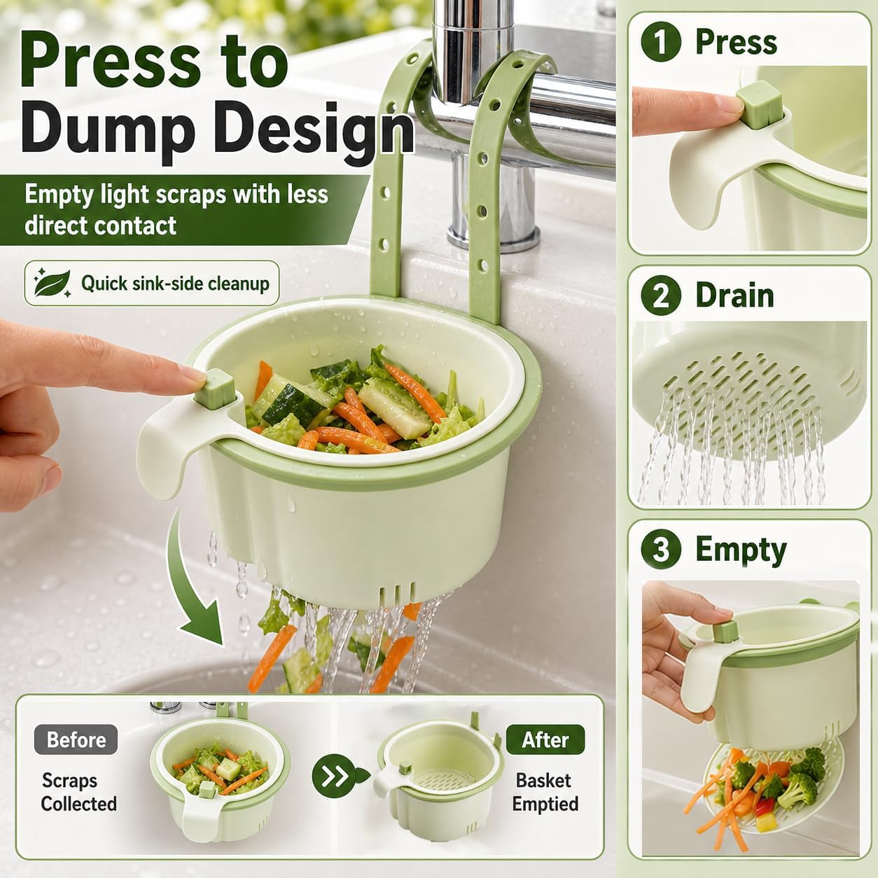 Hanging Sink Drain Basket, Press-to-Dump Kitchen Strainer Basket | Manual press-to-dump hanging sink basket with faucet hook and fine mesh for everyday kitchen draining