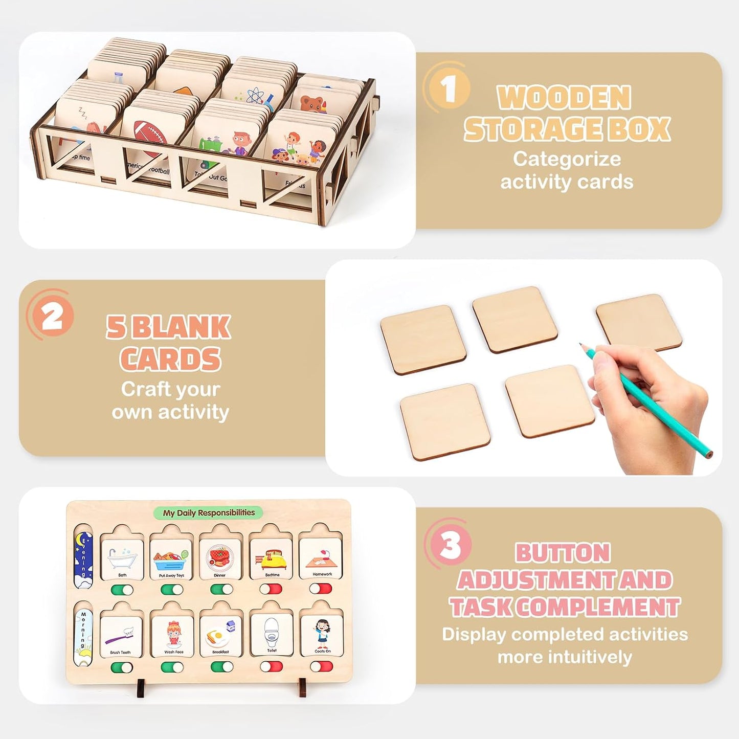 Dreamon Wooden Visual Schedule for Kids Morning and Bedtime Routine Chart | Toddler Chore Chart, Daily Schedule Board for Home/School, 80 Cards, Storage Box & Bag, Done Slider, Autism Learning Material