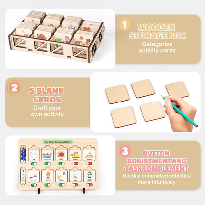 Dreamon Wooden Visual Schedule for Kids Morning and Bedtime Routine Chart | Toddler Chore Chart, Daily Schedule Board for Home/School, 80 Cards, Storage Box & Bag, Done Slider, Autism Learning Material