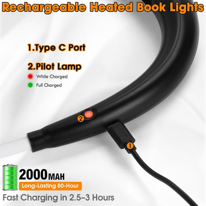 Rechargeable Heated Neck Reading Light with 4 Adjustable Light Modes, Hands Free LED Booklight Lamp for Books in Bed, Night Reading, Comfortable Book Lights for Readers & Crafters (Black)
