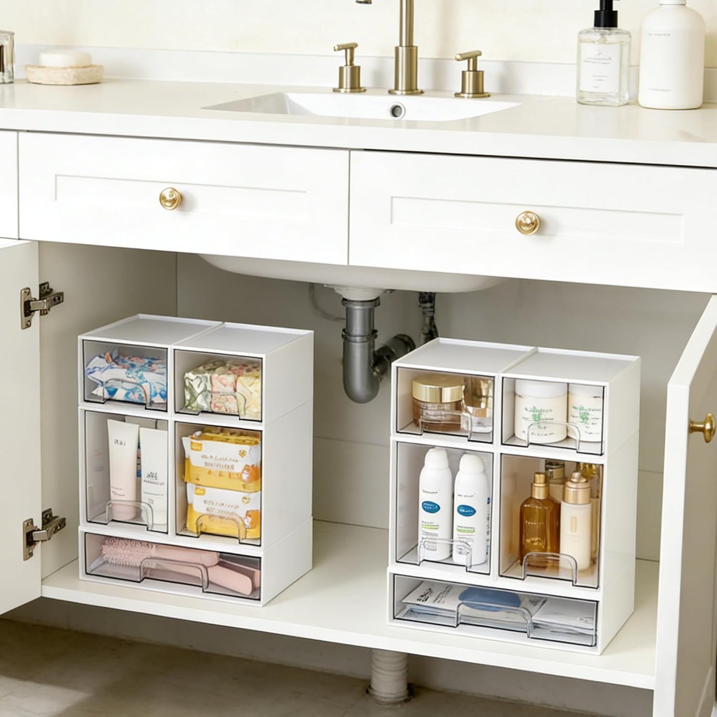 Vtopmart Clear Stackable Storage Drawers Set of 6, Plastic Organizer Bins | Multi-purpose Boxes for Bathroom Accessories Storage, Ideal for Cabinet, Shelf, Pantry, Laundry Room Organization