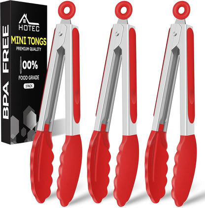 Hotec Mini Silicone Kitchen Tongs for Cooking - 7-Inch Small Serving Tongs with Silicone Tips, Set of 3 (Black,Grey,Light Blue)