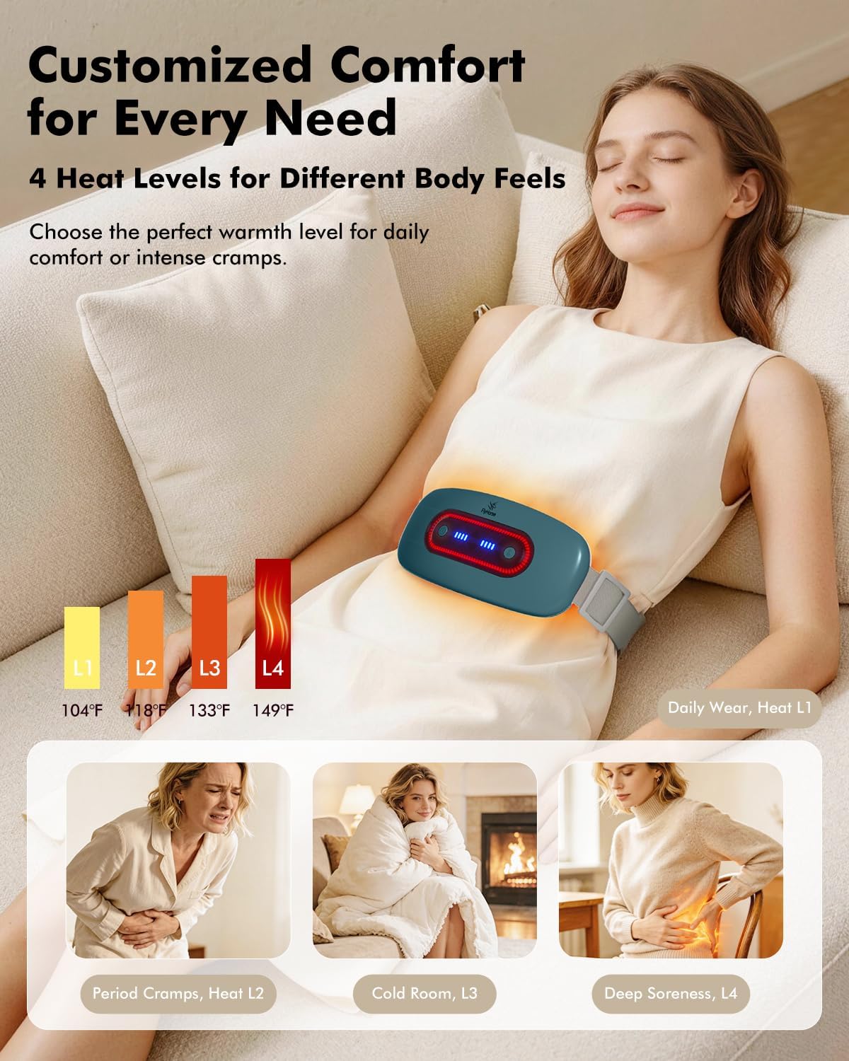 Portable Cordless Menstrual Heating Pad with 4 Heat Levels and 4 Massage Modes,Electric, Fast Large Heating Belly Wrap Belt (Black)