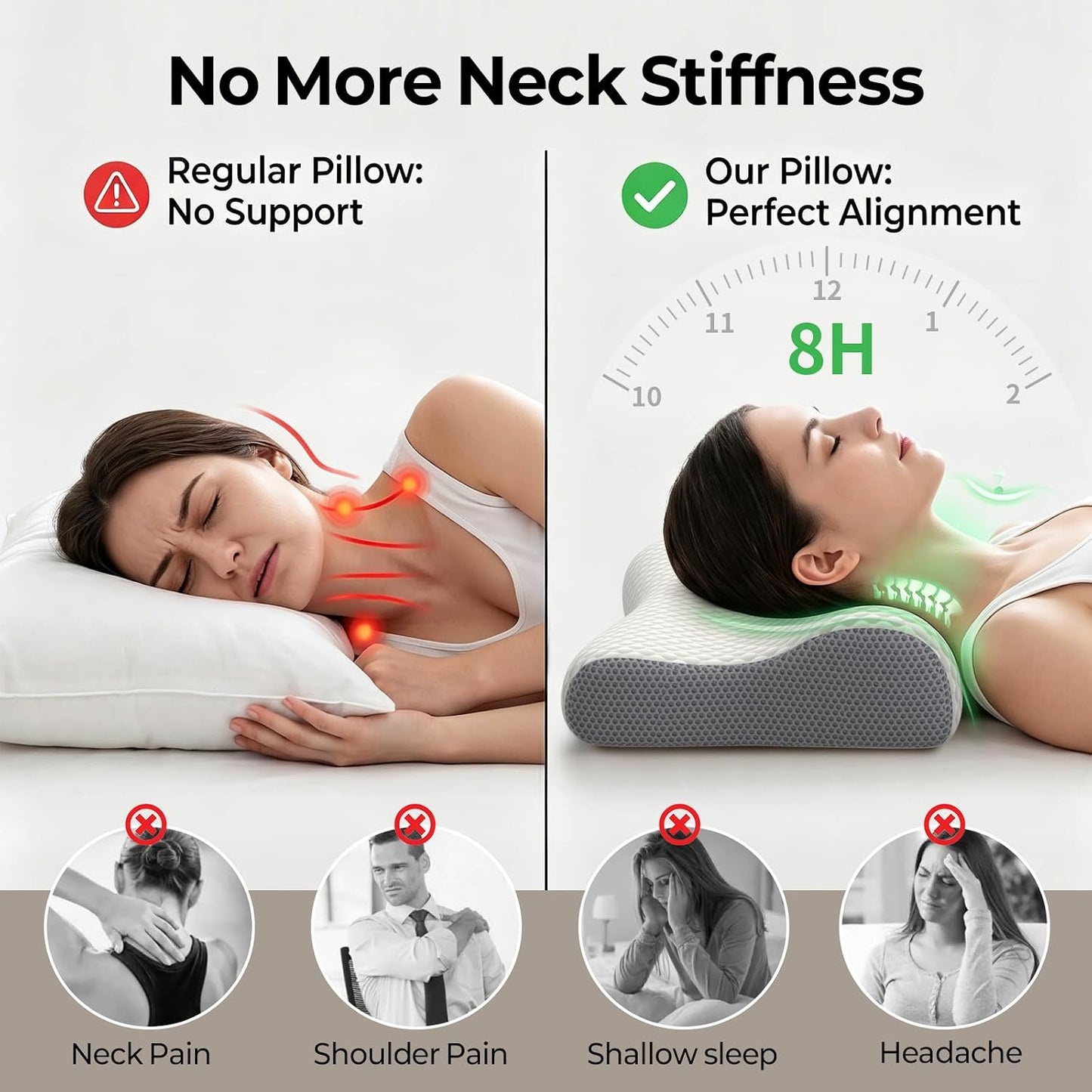 Polovo Cervical Neck Pillow for Pain Relief - Ergonomic Side Sleeper Pillow for Deep Sleep, Contour Memory Foam Pillows for Sleeping Bed Pillow for Side Back Stomach Sleepers(Grey)