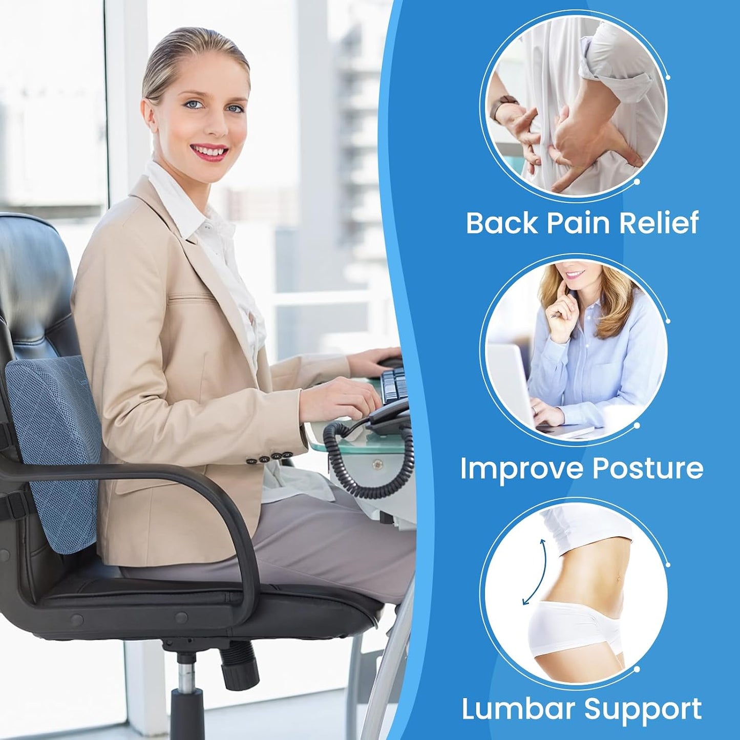Lumbar Support Pillow for Office Chair, Back Support, Memory Foam, Grey | Improve Sitting Posture & Back Pain Relief. Lumbar Pillow Fits Office, Gaming & Car Chairs with Adjustable Dual Straps