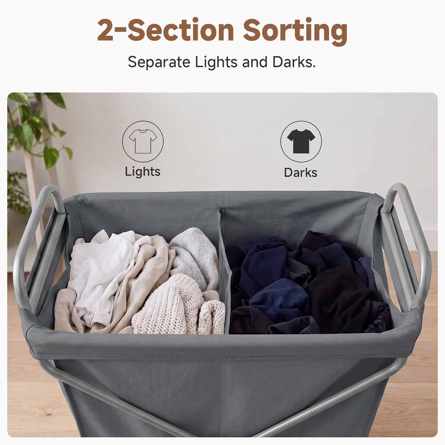 StorageWorks 2 Section Laundry Sorter with Wheels, 160L Beige Hamper Basket | Beige Divided Hamper, Rolling Organizer for Bedroom, Bathroom, College, Apartment