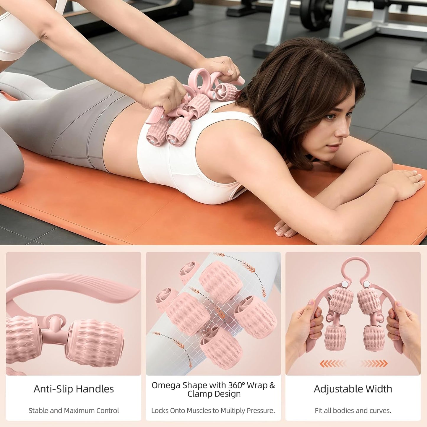 Abahub Manual Massage Roller, Cellulite Massage Roller for Men Women, Home Gym Deep Fascia Massager, 2-in-1 Relieve Muscle Soreness Massager for Arm, Thigh, Back & Shoulder, Pink