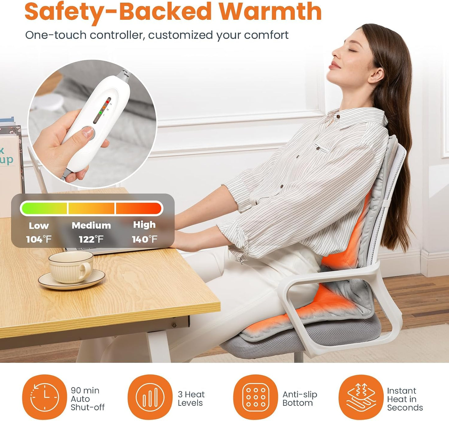 Heated Seat Cushion for Office Chair with Lumbar Support, Extra Large Heated Chair Pad for Pain Relief, Auto Shut Off, 3 Heating Levels, Chair Warmer for Full Back, Waist, Hip, Thigh, Home Use, Grey