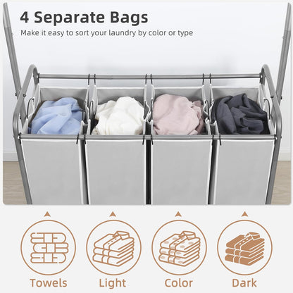 STORAGE MANIAC Laundry Sorter with Hanging Bar, Portable, Removable Laundry Hamper Cart with Heavy Duty Lockable Wheels and Removable Bags, Rolling Laundry Basket Organizer 181L, 4 Section Gray