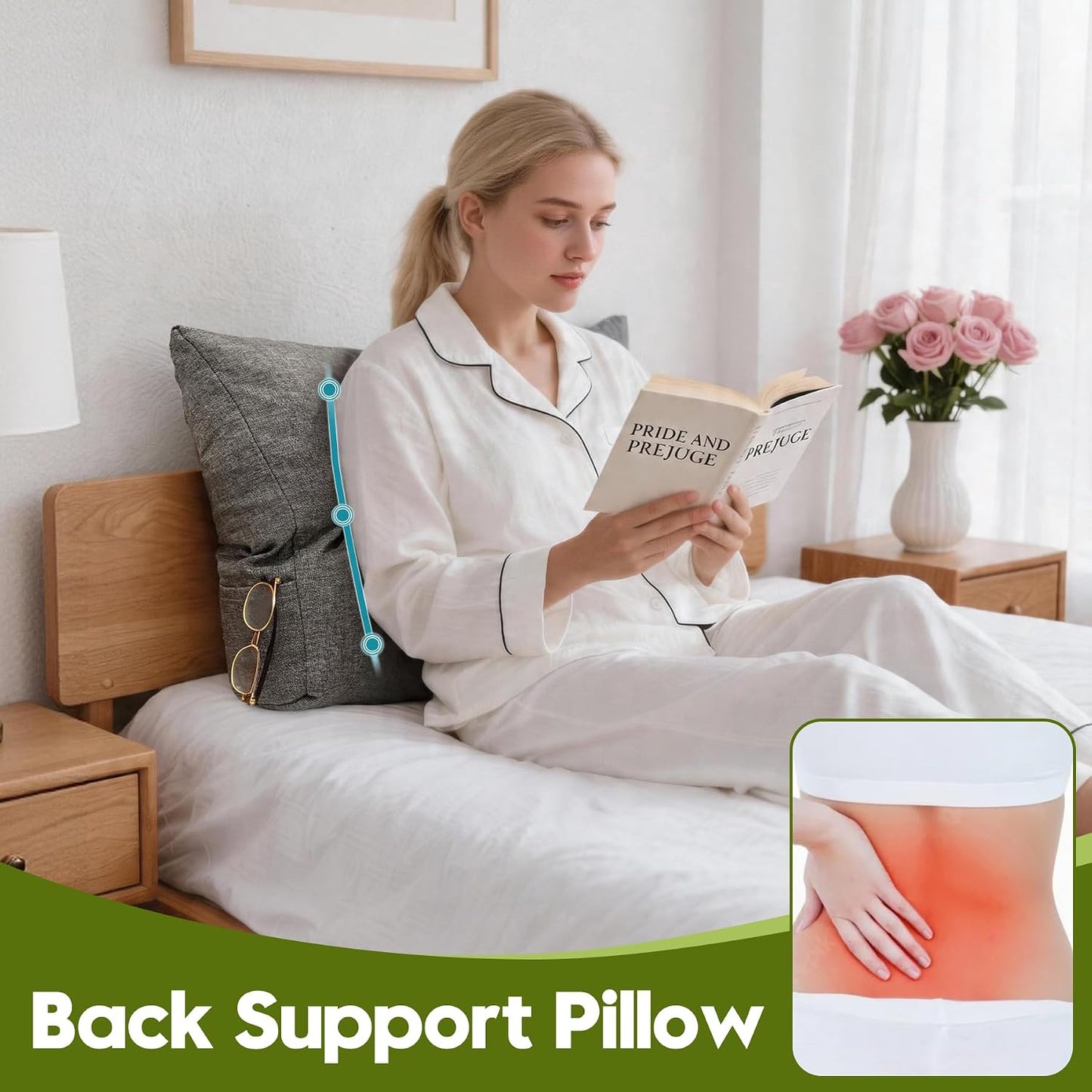 Back Cushion for Couch Wedge Lumbar Support Backrest Pillow with Shredded Foam Filled and Side Pocket Sofa Back Cushions for Sitting & Reading, 23.6×19.6×5.1Inch