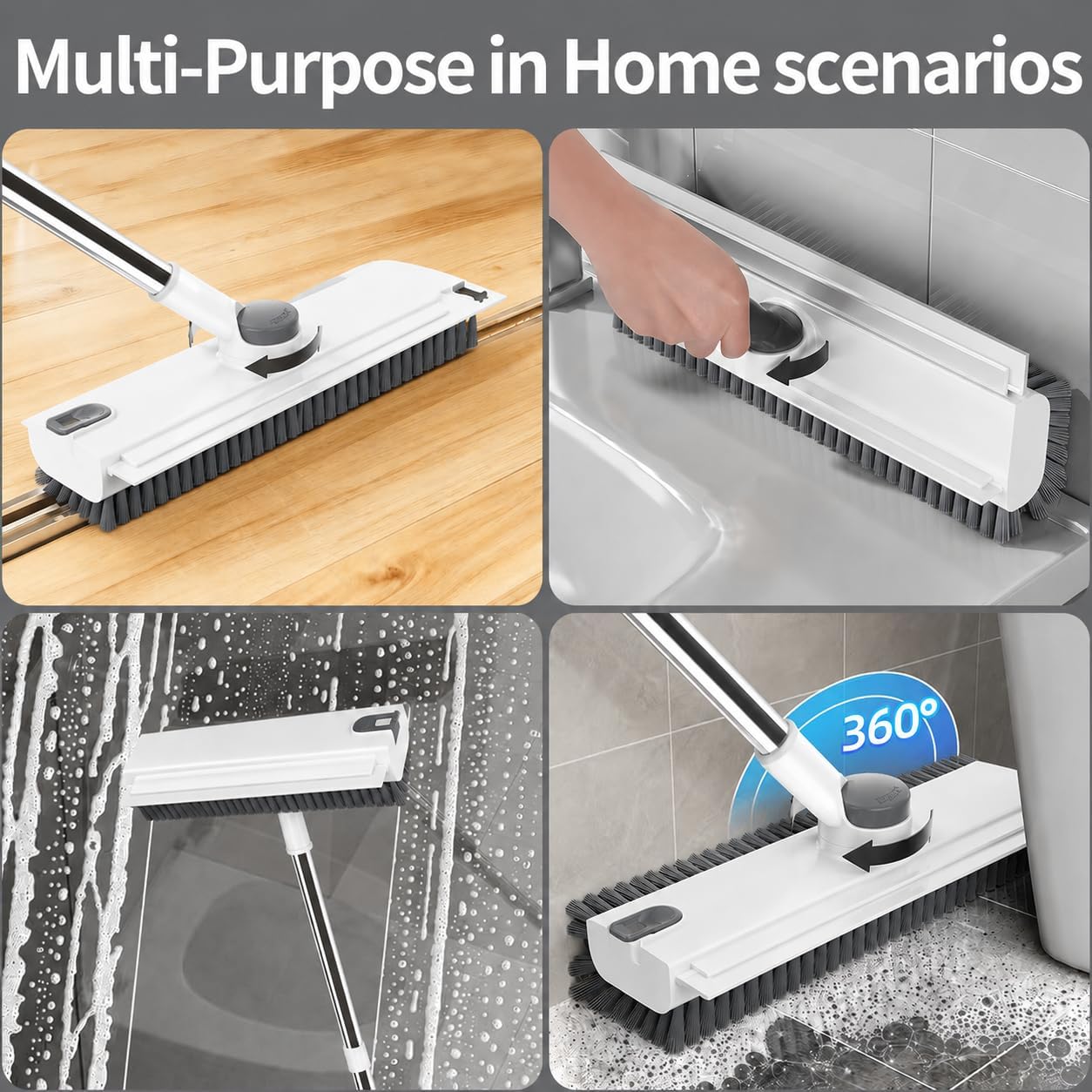 3 in 1 Floor Scrub Brush,Floor Scrubber with Squeegee and Tweezer, Push Broom with Long Handle,Heavy-Duty Stiff 90° Bristle Broom for Patio,Shower, Garage,Deck,Tile, Concrete & Wood Surface