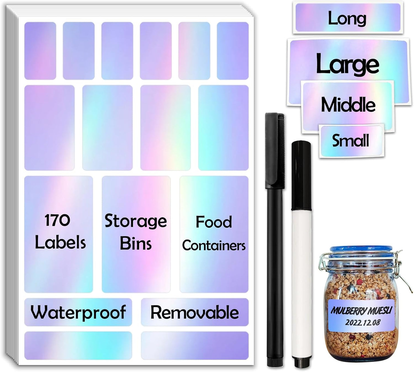 JIEHENG 170Pcs White Removable Labels for Jars with 2 Liquid Chalk Marker | Easy peel off,Self Adhesion Labels stickers for Storage Bins,Food Containers