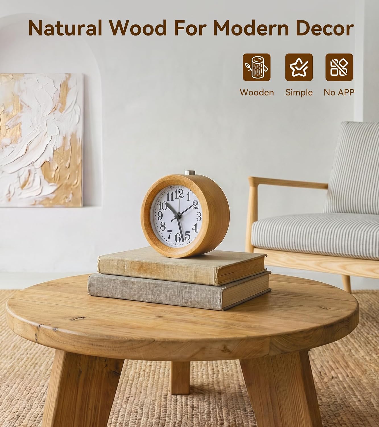 Wood Analog Alarm Clock: Silent Non-Ticking for Quiet Bedrooms | Small Battery Operated Natural Wooden Design - Warm Night Light Shows Time on Demand & 5-Minute Snooze Makes Mornings Easier