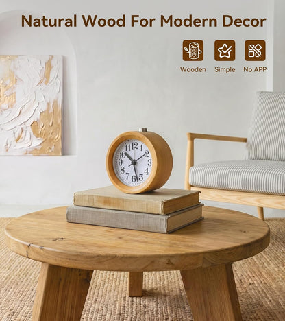 Wood Analog Alarm Clock: Silent Non-Ticking for Quiet Bedrooms | Small Battery Operated Natural Wooden Design - Warm Night Light Shows Time on Demand & 5-Minute Snooze Makes Mornings Easier