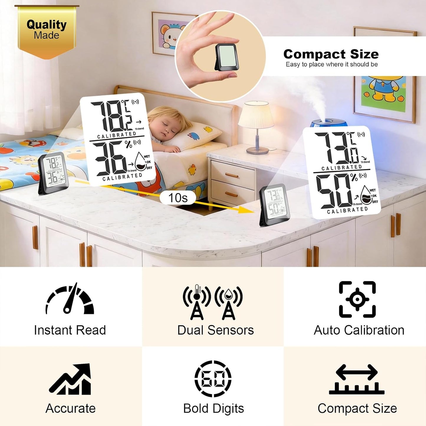 AyayaBoss 3 Pack Room Thermometer Indoor Hygrometer | Mini Size, Monitor Temperature & Humidity, Accurate Fast Read, Easy To View, Kickstand/Hanging/Wall Adhesive, ℉/℃, w/ Battery