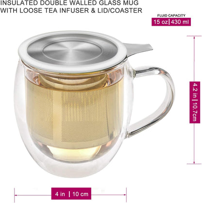 Teabloom Stay-Hot Heatproof Glass Mug with Loose Tea Infuser and Lid – 15 oz /430 mL – 2 Blooming Teas Included