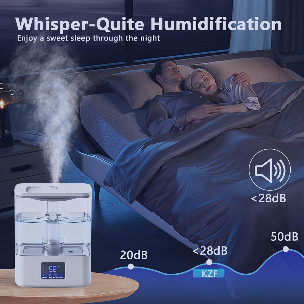 KZF 4L Top Fill Humidifiers for Bedroom & 60H Runtime - Cool Mist Humidifier, 3 Mist Levels, 8H Timer, Essential Oil Tray, Humidity Display, Quiet for Bedroom, Baby, Plants, Large Room