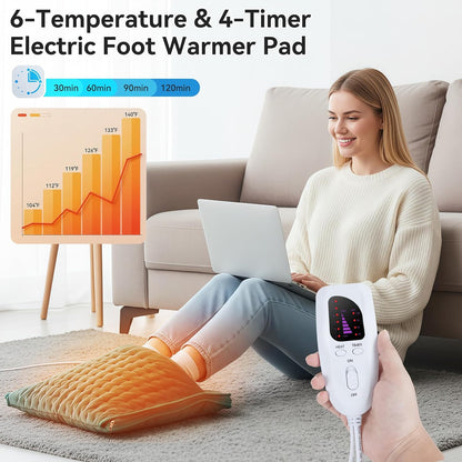 Electric Foot Warmer for Feet: Double Sided Foot Heated Pad with Six Adjustable Four Timed Options Machine Washable Easy to Fold, Feet Warmer for Bed Desk Office Birthday/Christmas Gift
