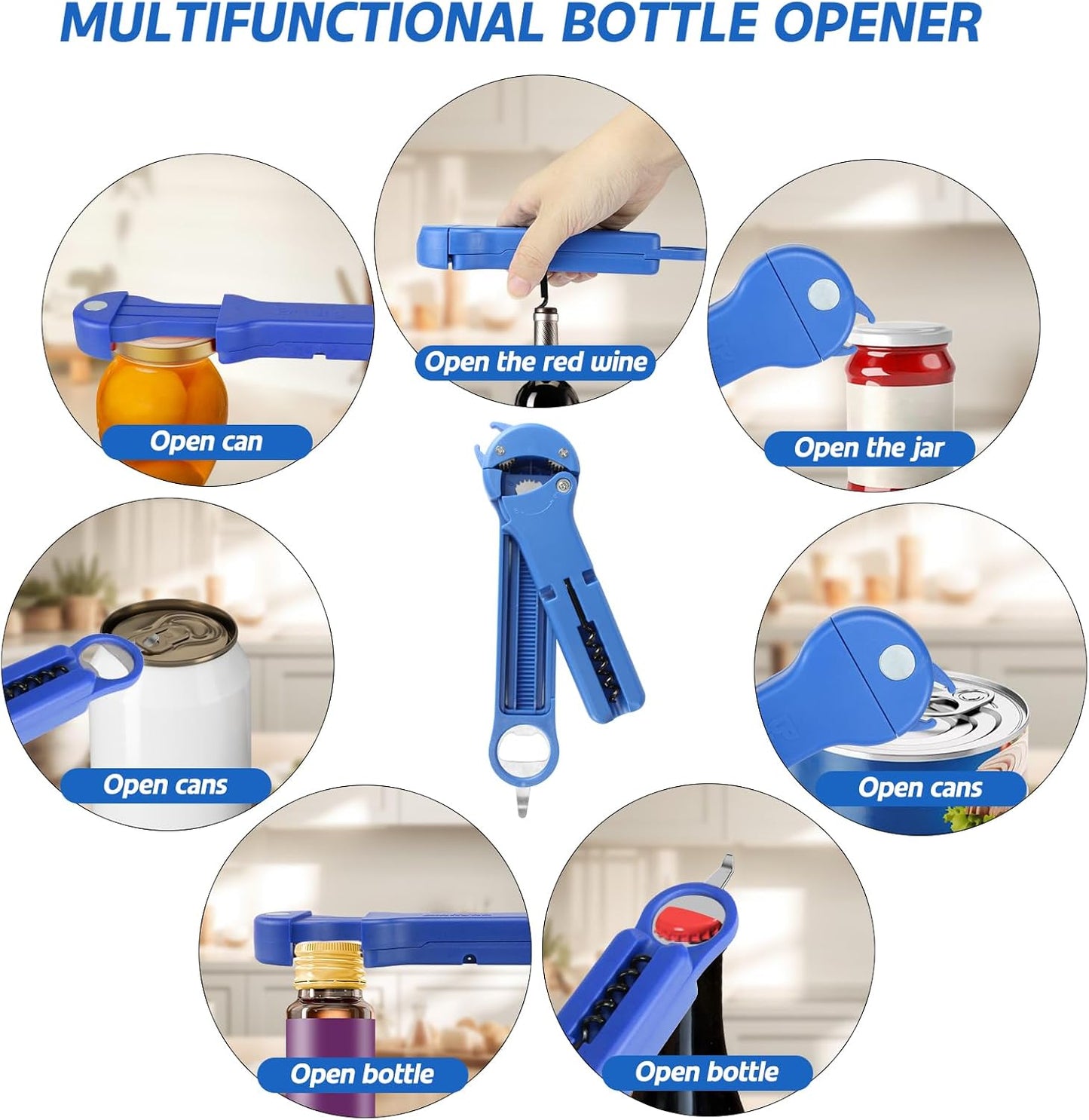 Jar Opener for Seniors with Arthritis, 7 in 1 Bottle Opener and Wine Corkscrew, Easy Grip Kitchen Gadget for Weak Hands Elderly, Retractable Jaw Lid Opener with Magnetic Storage (Teal)