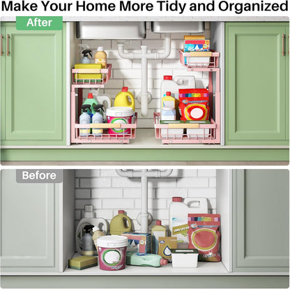 Kitstorack Under Sink Organizer, 2 Tier Under the Sink Storage, Slide out Pull out Cabinet Organizer Shelf, Metal Sliding Drawer for Kitchen Bathroom Pantry Closet Organization Rack, Black, 2 Pack
