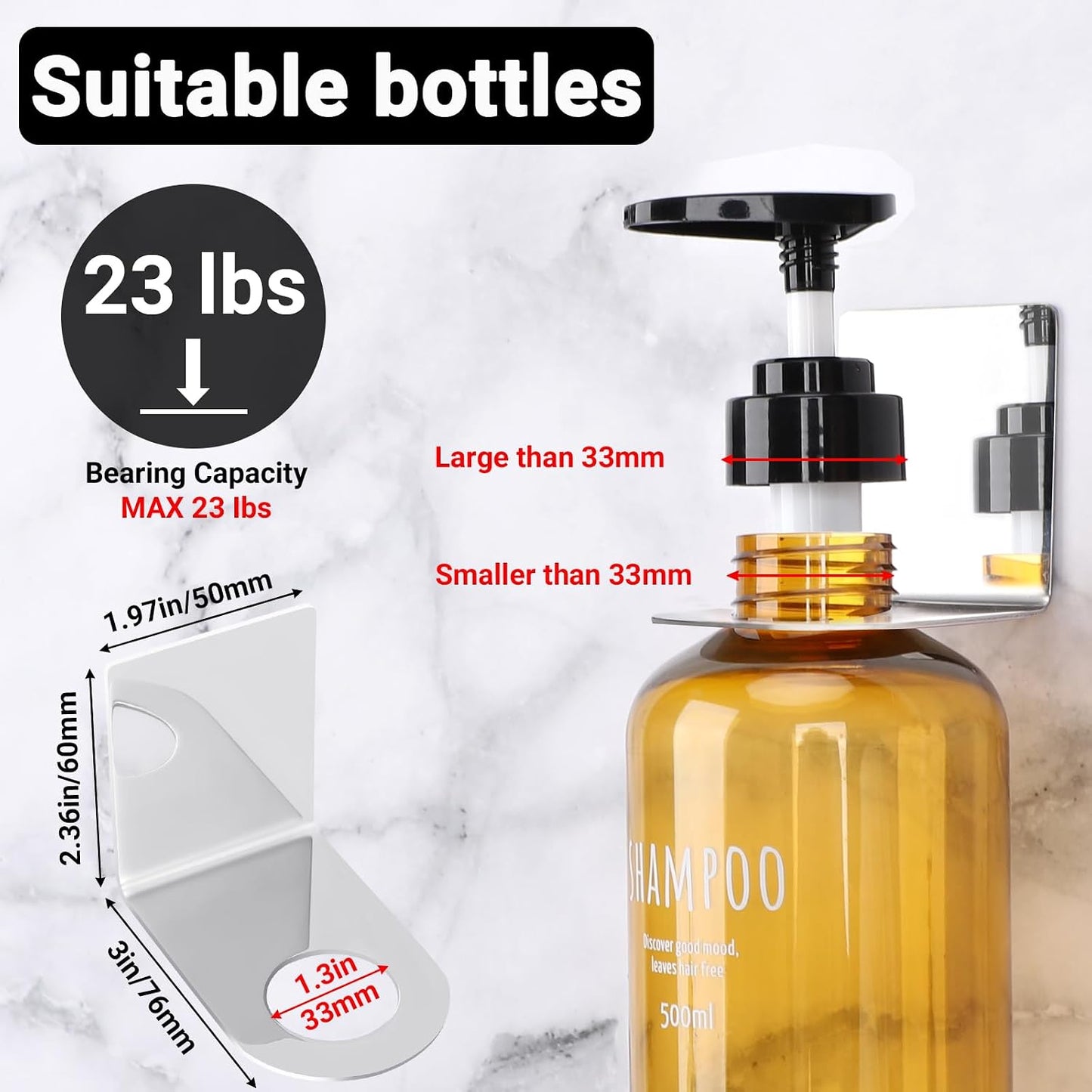 Segbeauty Stainless Adhesive Shampoo Bottle Holder, Dia 1.3inch 3.3cm Non-Drill Soap Dispenser Holder Set Silver, 3pcs Rustproof Shampoo Holder for Shower, Bottle Wall Mounted Rack for Toilet Kitchen