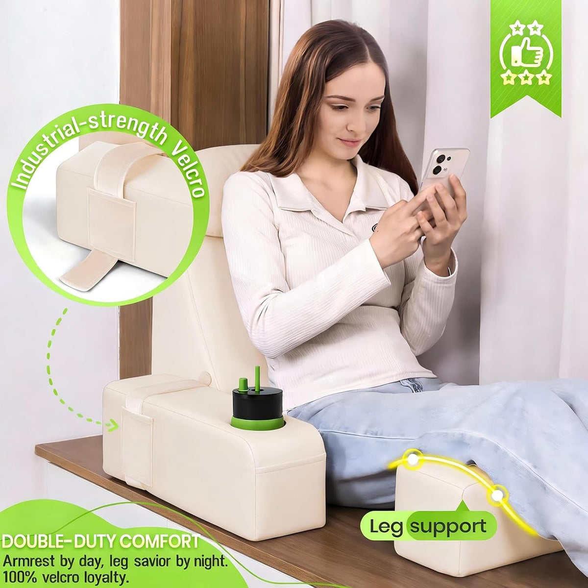 21 INCH Reading Pillow for Adults, Back Pillow for Bed Sitting Up, Backrest Pillow for Sitting in Bed, Detachable Arms with Built-in Cup & Phone Caddy (Gray, 21 INCH)