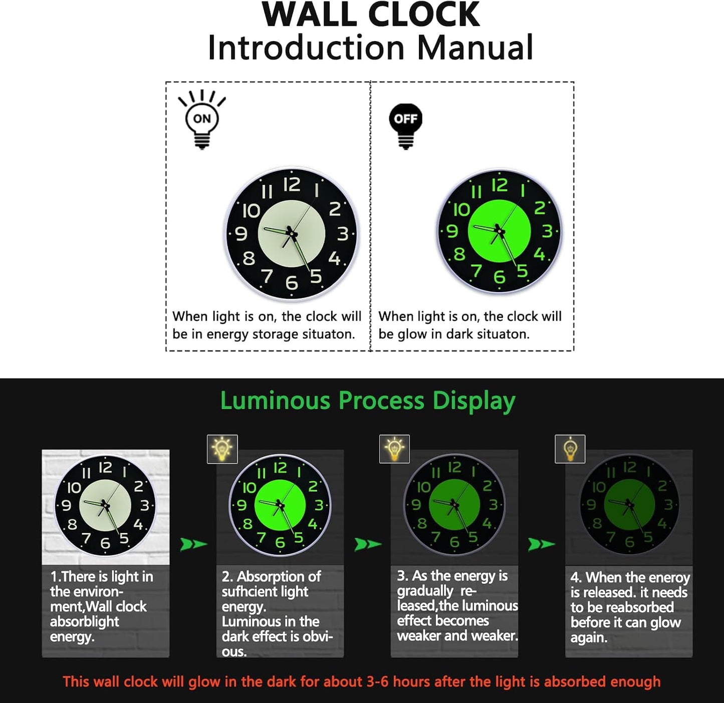12'' Glow in the Dark Wall Clock,Silent & Easy to Read | Battery Operated Non-Ticking Easy to Install Analog Wall Clocks for Living Room Kitchen Office Bedroom