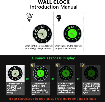 12'' Glow in the Dark Wall Clock,Silent & Easy to Read | Battery Operated Non-Ticking Easy to Install Analog Wall Clocks for Living Room Kitchen Office Bedroom
