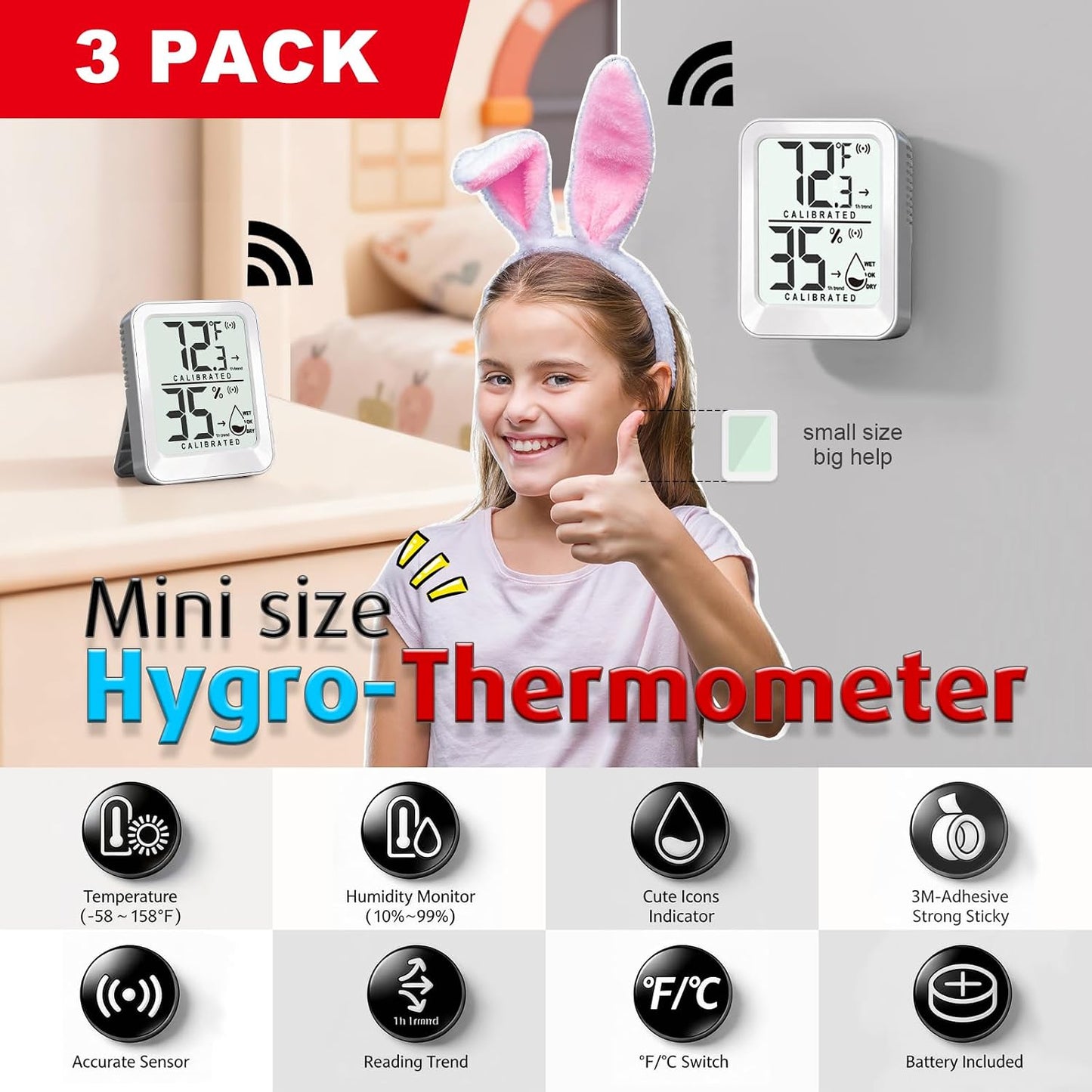 AyayaBoss 3 Pack Room Thermometer Indoor Hygrometer | Mini Size, Monitor Temperature & Humidity, Accurate Fast Read, Easy To View, Kickstand/Hanging/Wall Adhesive, ℉/℃, w/ Battery