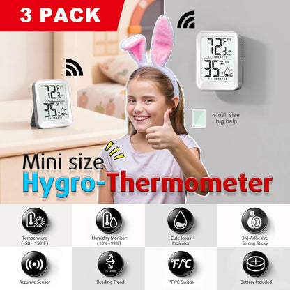 AyayaBoss 3 Pack Room Thermometer Indoor Hygrometer | Mini Size, Monitor Temperature & Humidity, Accurate Fast Read, Easy To View, Kickstand/Hanging/Wall Adhesive, ℉/℃, w/ Battery