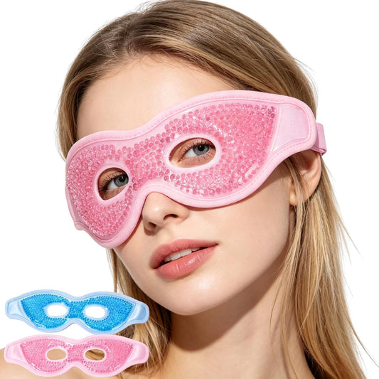 Gel Eye Mask, Reusable Hot & Cold Cooling Eye Mask, Cold Compress for Puffy Eyes, Eye Cooling Gel Beads Sleeping Mask, Adjustable Plush Strap — Stays Cool 30 Mins - 2 Pack