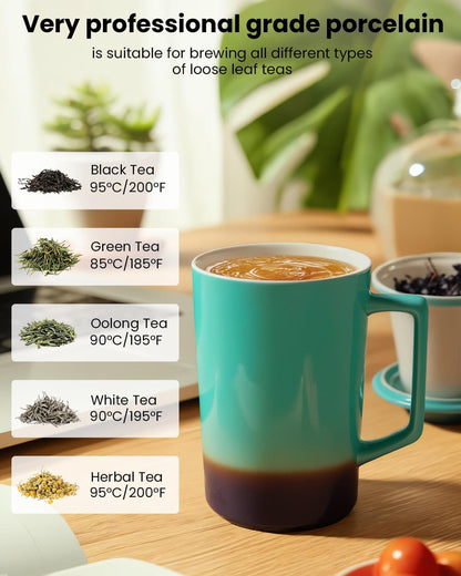 15 oz Ceramic Tea Infuser Cup with Lid - Tea Mug with All Porcelain Strainer for Loose Leaf Teas,Microwave and Dishwasher Safe,Metal-Free,BPA-Free for Tea Lovers/Birthday (Black)