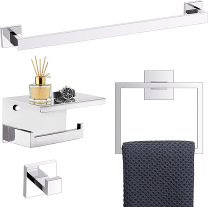 TURS Bathroom Hardware Set Black 4-Piece Towel Bar Set Include 24 Inch Towel Bar Hand Towel Holder Towel Hook Toilet Paper Holder with Shelf Wall Mounted Stainless Steel Bathroom Accessories Set