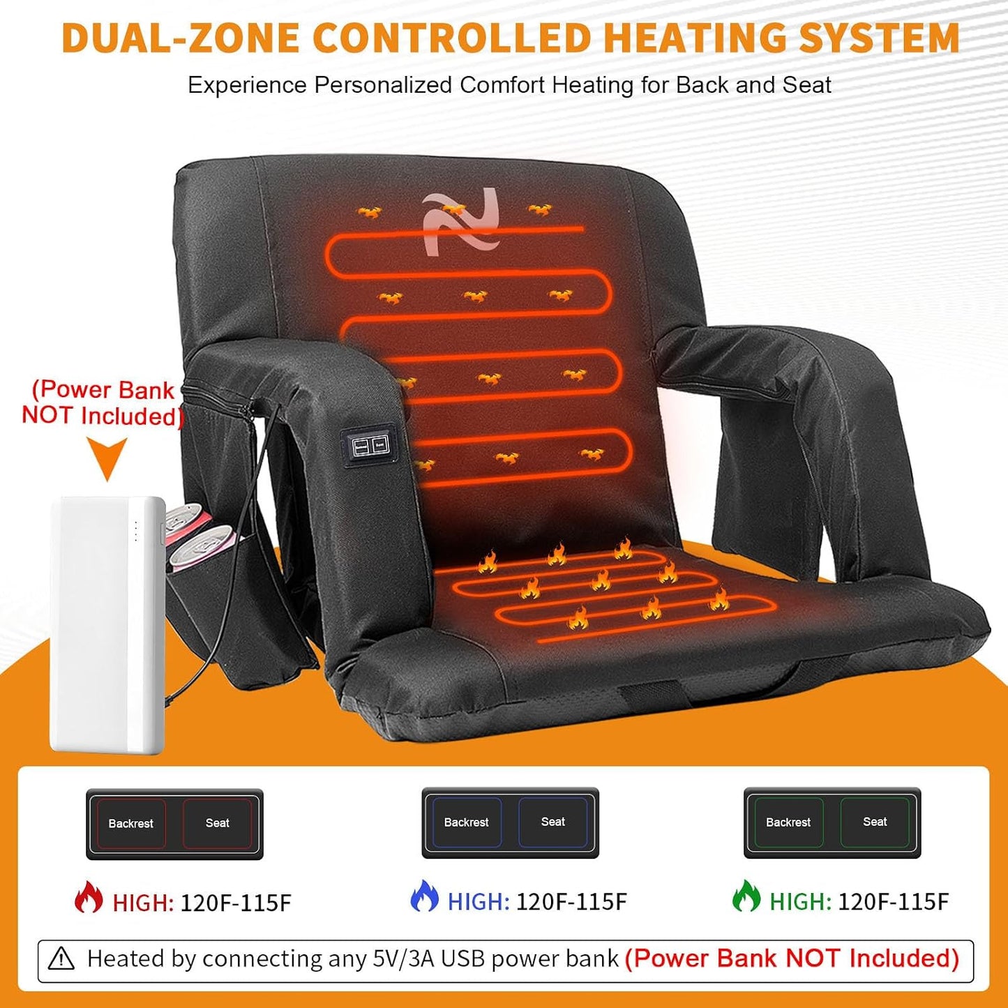 25in 5.12" Extra Thick&Wide Heated Stadium Seat for Bleachers | Sofa Style Design Thick Bleacher Chair With Back and Comfy Cushion, 6 Reclining Positions, 3 Heat Levels (NO Battery)