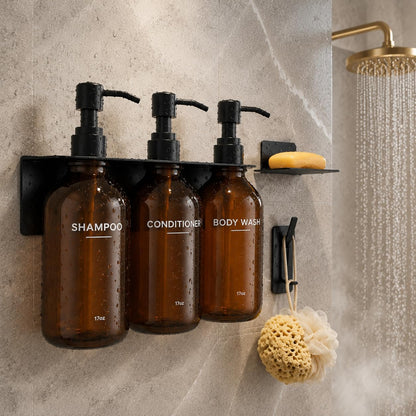 Shampoo Conditioner Body Wash Dispenser Bonus Soap Dish and Hook, Amber | 17 fl oz Set of 3 Amber Plastic Bottles with Black Pumps, Drill Free Adhesive Bathroom Organizer, Dorm Room Essentials