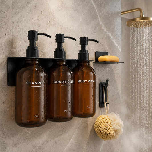 Shampoo Conditioner Body Wash Dispenser Bonus Soap Dish and Hook, Amber | 17 fl oz Set of 3 Amber Plastic Bottles with Black Pumps, Drill Free Adhesive Bathroom Organizer, Dorm Room Essentials
