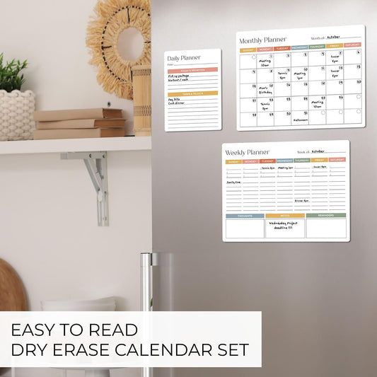Beautiful Magnetic Dry Erase Calendar Set of 3 - Whiteboard with Marker | Easy to Erase Magnet Calendars for Your Fridge - The Perfect Weekly and Monthly White Board Organizer for Everyday Planning
