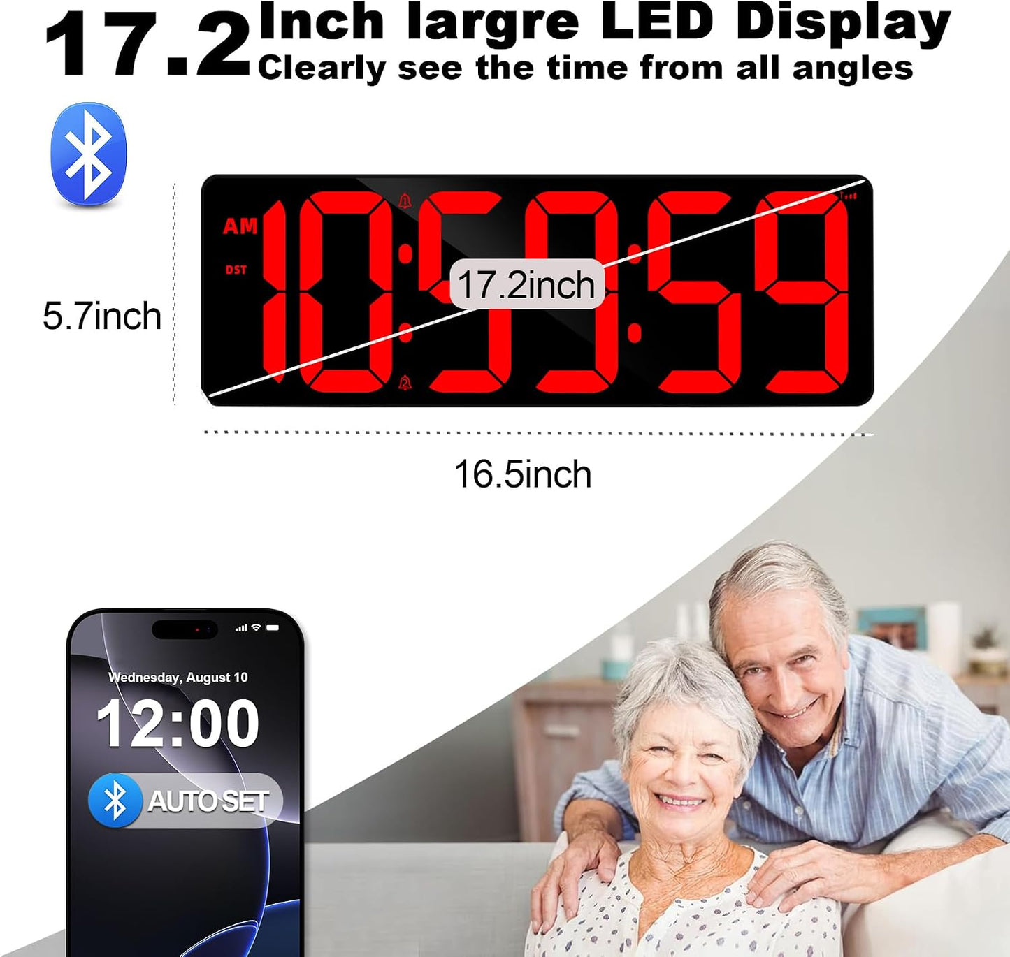 TXL 17.2" Bluetooth Digital Wall Clock with Seconds, Large Countdown Timer for Classroom Home Gym Kitchen Office, Alarm Clock with Remote Control, 4 Dimmable Brightness, Auto DST (RGB)