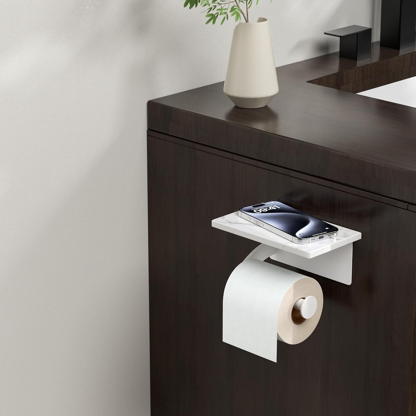 FORIOUS Toilet Paper Holder with Shelf, Natural Marble, Commercial | Brushed Nickel, Wall Mount 304 Stainless Steel Commercial Bathroom Tissue Roll Dispenser, Heavy Duty Washroom Paper Storage