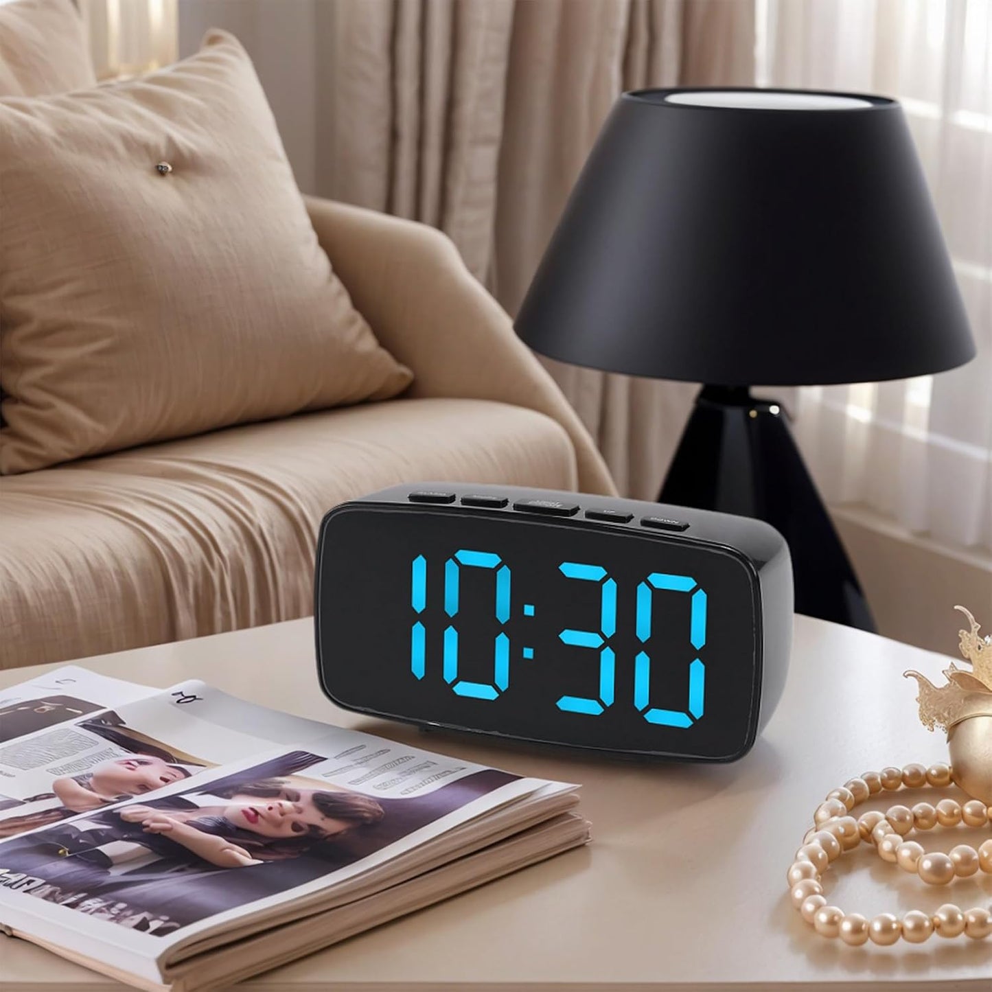 Dimmable LED Alarm Clock 2-Level Brightness, Wired Shaker, Snooze Function, Fits Bedside Table 4.7" L x 1.6" W x 2.4" H White Housing with Blue Light