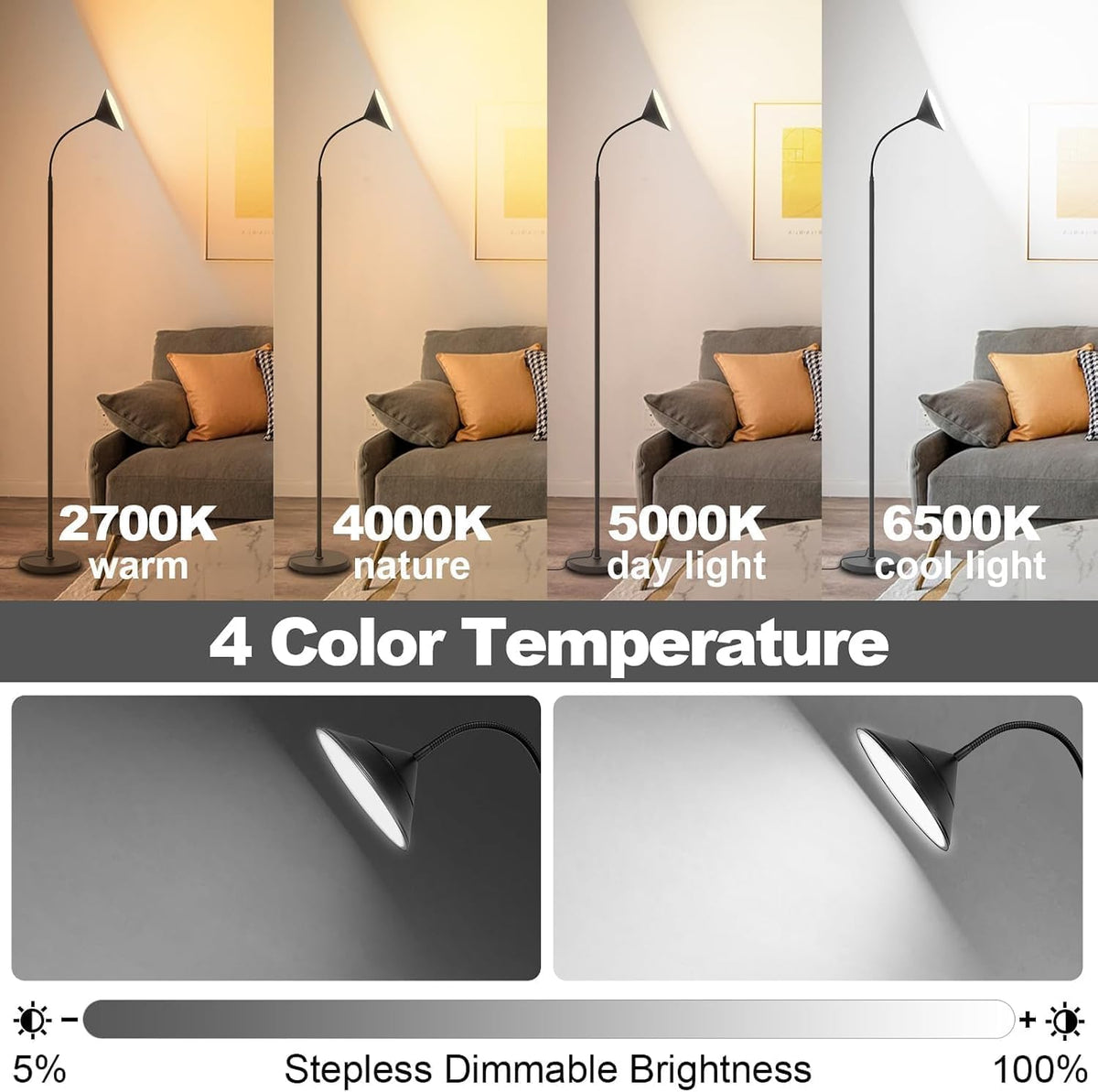 Yikuneng Dimmable LED Floor Lamp, Super Bright Reading Lamps Floor Standing lamp with Remote & Touch Control, Stepless Dimming & 2700K-6500K Color Temperature, for Living Room Bedroom Office, Black
