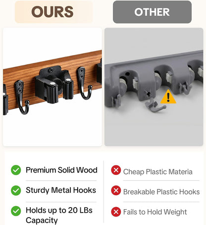 Lorbro 2 Pack Broom Holder Wall Mount, Wooden Rack with 4 Slot & 4 Hook | Broom and Mop Organizer Wall Hanging, Tool Organizer for Laundry Room, Closet, Garage, Kitchen