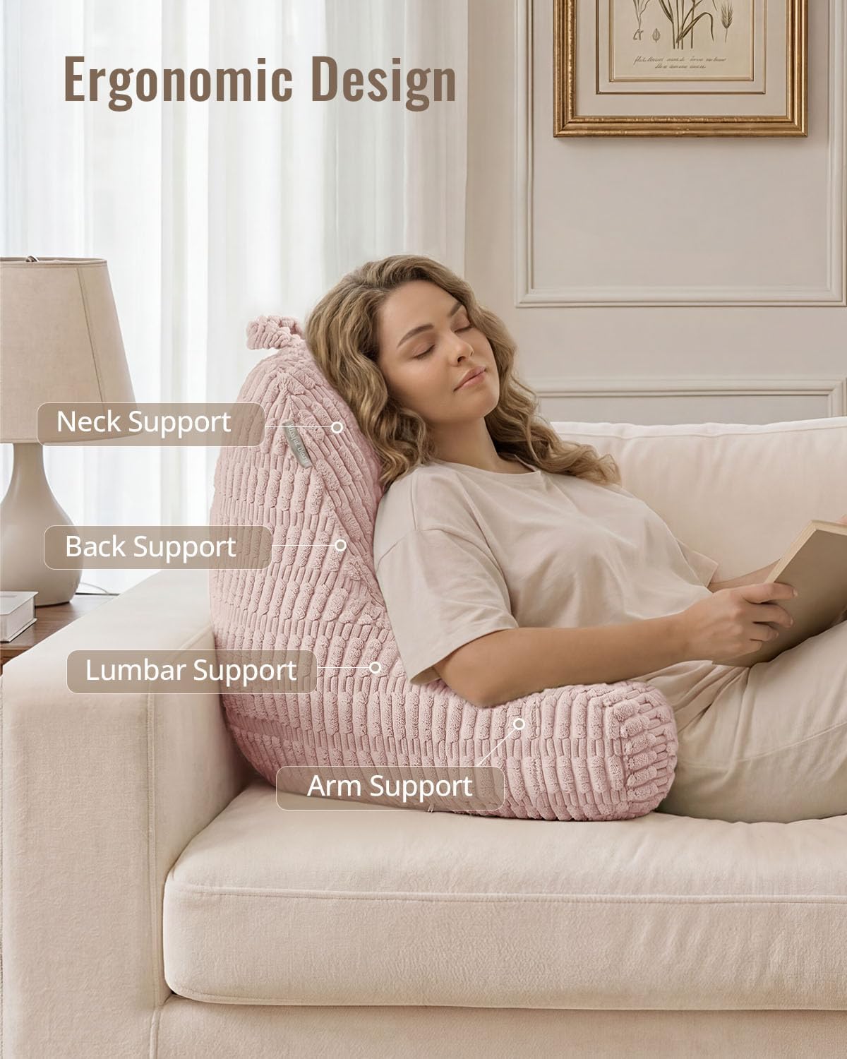 Blissful Diary Reading Pillow, Backrest Pillow with Shredded Memory Foam for Adult & Children, Designed for Bed and Couch Sitting Up, Includes Arms, Pockets and Washable Cover, Off White
