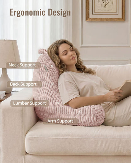 Blissful Diary Reading Pillow, Backrest Pillow with Shredded Memory Foam for Adult & Children, Designed for Bed and Couch Sitting Up, Includes Arms, Pockets and Washable Cover, Off White